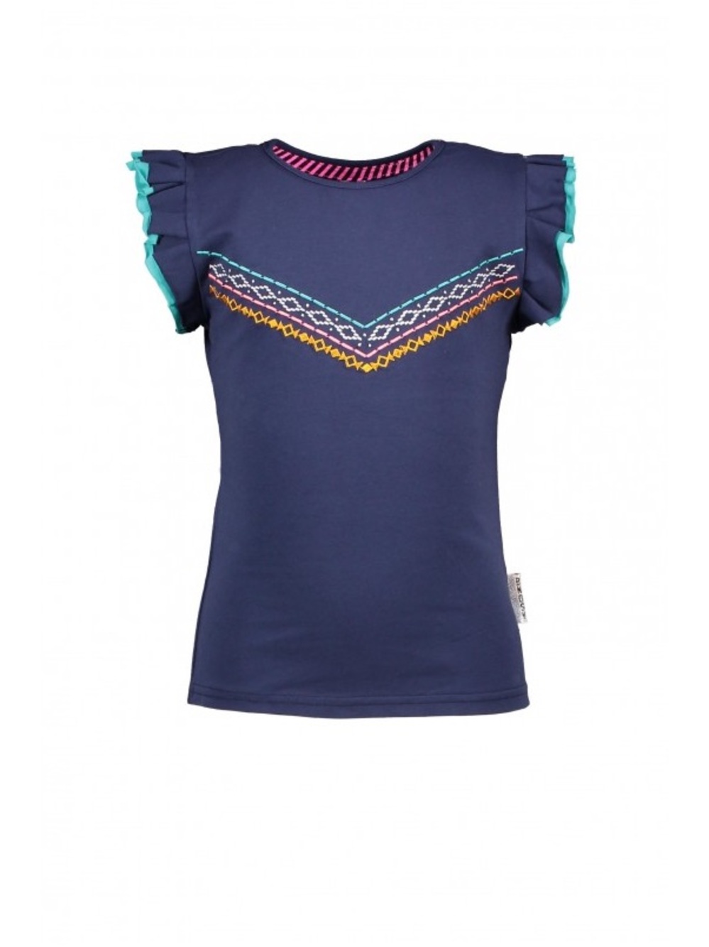 Girls Navy Short Sleeve Top with Aqua Ruffle Sleeves